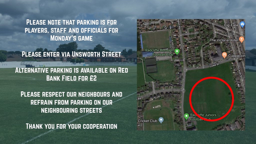 radcliffeboro's tweet image. 🚗 Parking reminder for all travelling Boro and @FCUnitedMcr fans for tomorrow’s fixture #WeAreRadcliffe