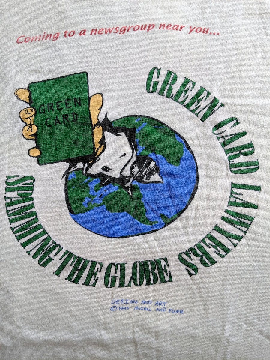 robbiehonerkamp's tweet photo. Probably the oldest of my #geektees, this was made by Joel Furr in 1994 after the first mass spam campaign. I have a few other Joel Furr shirts I need to dig up- I know where the Robert McElwaine shirt is, but I haven't seen my Serdar Argic/Zumabot shirt in a while. https://t.co/nBgoOI4Fm6