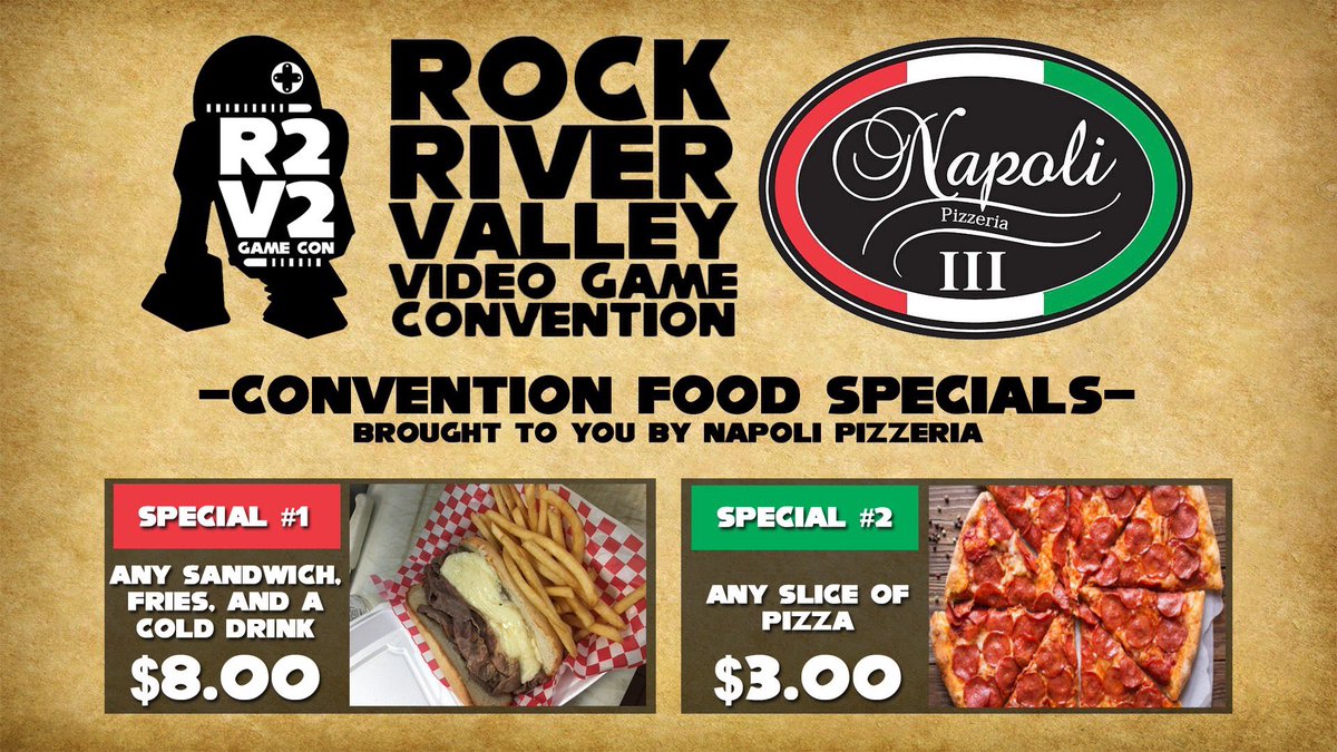 Rock River Valley Video Game Convention (@r2v2gamecon) on Twitter photo If you're looking for something to eat while attending R2V2, we've got you covered. <a href="/TheGOcast/">The Gaming Outsider</a> has partnered with Napoli Pizza, which is located in the same building as <a href="/GamesCataclysm/">CataclysmGames</a>, put together two specials available for all R2V2 attendees the day of the event. #gaming If you're looking for something to eat while attending R2V2, we've got you covered. <a href="/TheGOcast/">The Gaming Outsider</a> has partnered with Napoli Pizza, which is located in the same building as <a href="/GamesCataclysm/">CataclysmGames</a>, put together two specials available for all R2V2 attendees the day of the event. #gaming