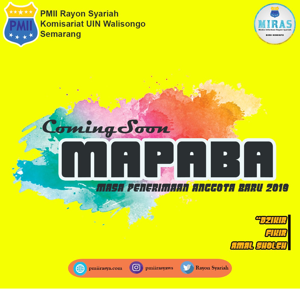 RayonSyariah's tweet photo. Coming soon MAPABA (masa penerimaan anggota baru).
Aku tunggu di Mapaba Rayon Syariah Genwa 2019
Let's Join Us!
#pmiirasyaws
#pmiiwalisongosmg
#ayogabungpmii
#mapaba2019
#genwa2019
#pbak2019 https://t.co/ZRlTwmwZl2