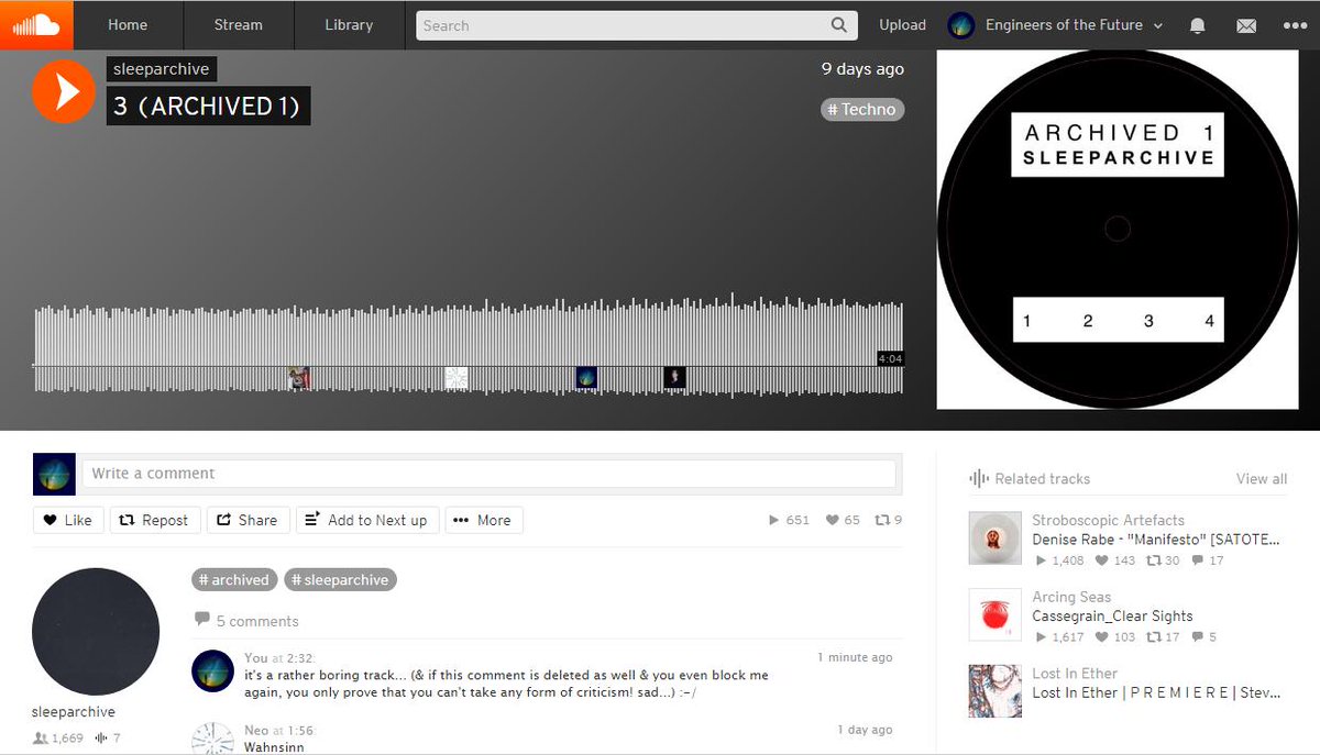 EngineersFuture's tweet photo. well... quite sad to see that such "legendary" #techno producers like #sleeparchive (@sleep_archive) can't take any kind of #criticism &amp; #delete #comments &amp; #block people like me, who "dare" to criticise their #boring new #stuff on @soundcloud... :-/ shame on u, #RogerSemsroth! https://t.co/Zr3Xvha96x