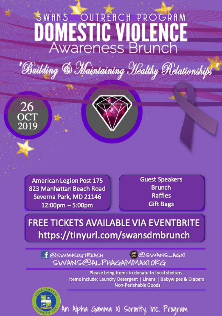 SWANS_Outreach's tweet image. Good afternoon. Please join SWANS(Supporting Women and Nurturing Survivors) of Alpha Gamma Xi Sorority Inc as we host our first annual free domestic violence awareness month. Tickets are limited to the first 45 people. 

eventbrite.com/e/alpha-gamma-…
