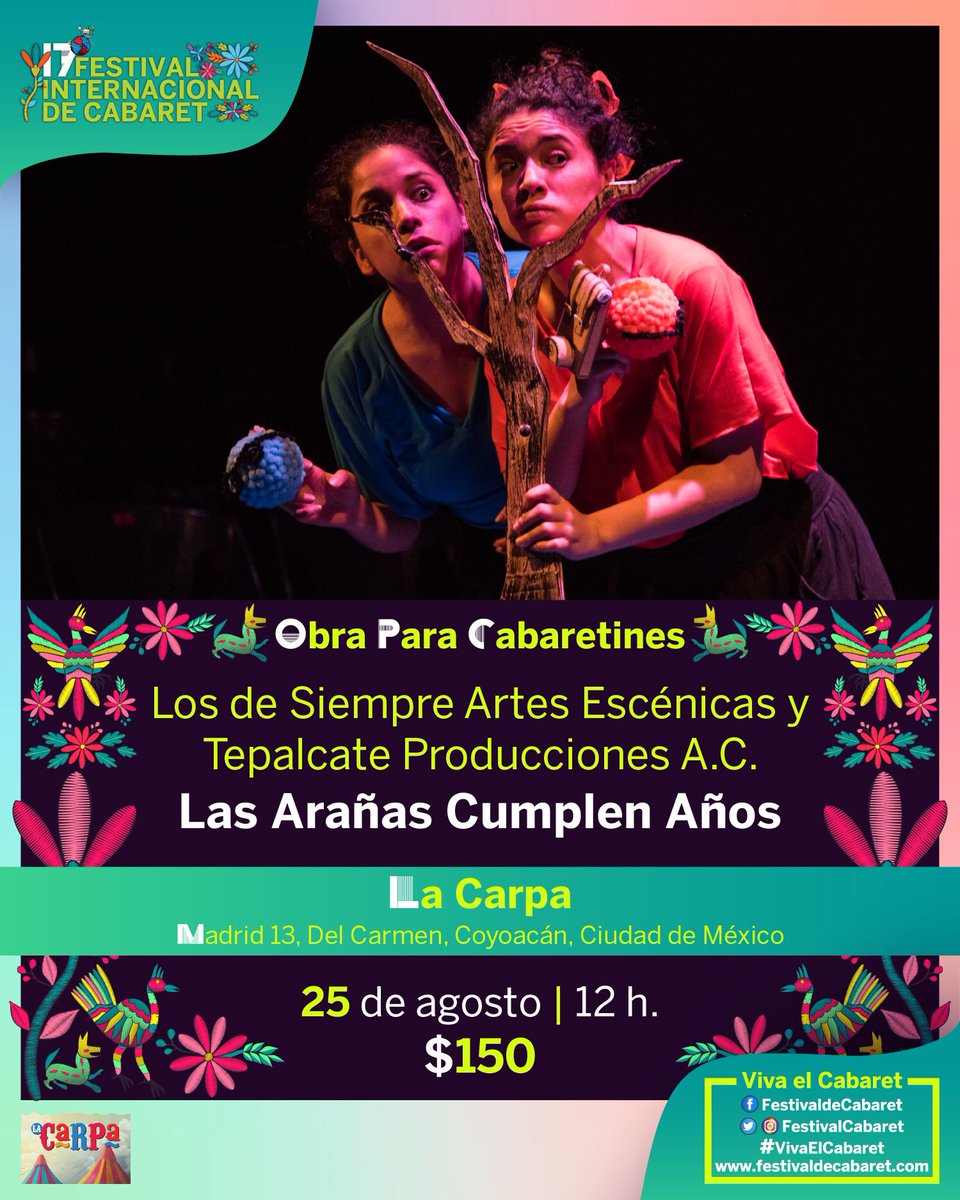 AnaLauraRR's tweet photo. Seguimos las actividades para niñxs en #LaCarpa (@elvicioteatro) con “Las Arañas Cumplen Años”. Vengan a ver la historia de Tomás y sus amigas Patona y Peluda. $150. 12 PM 😁 #domingo #teatro #niños https://t.co/lbXSyXR5ur