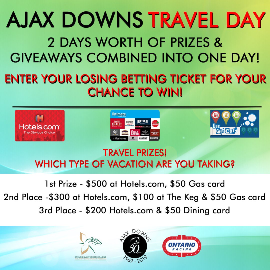 AjaxDowns's tweet photo. Join us today!! Get travel prizes! #ajaxdowns #picovdowns #history #50years #rightinyourbackyard #durham #ontarioracing #quarterhorse #townofajax #sports #horses #ajax #offtrackbetting #familyfun #durhamregion #sportsdurham #dosomethingdifferent #travel #prizes https://t.co/gNOjolTtht
