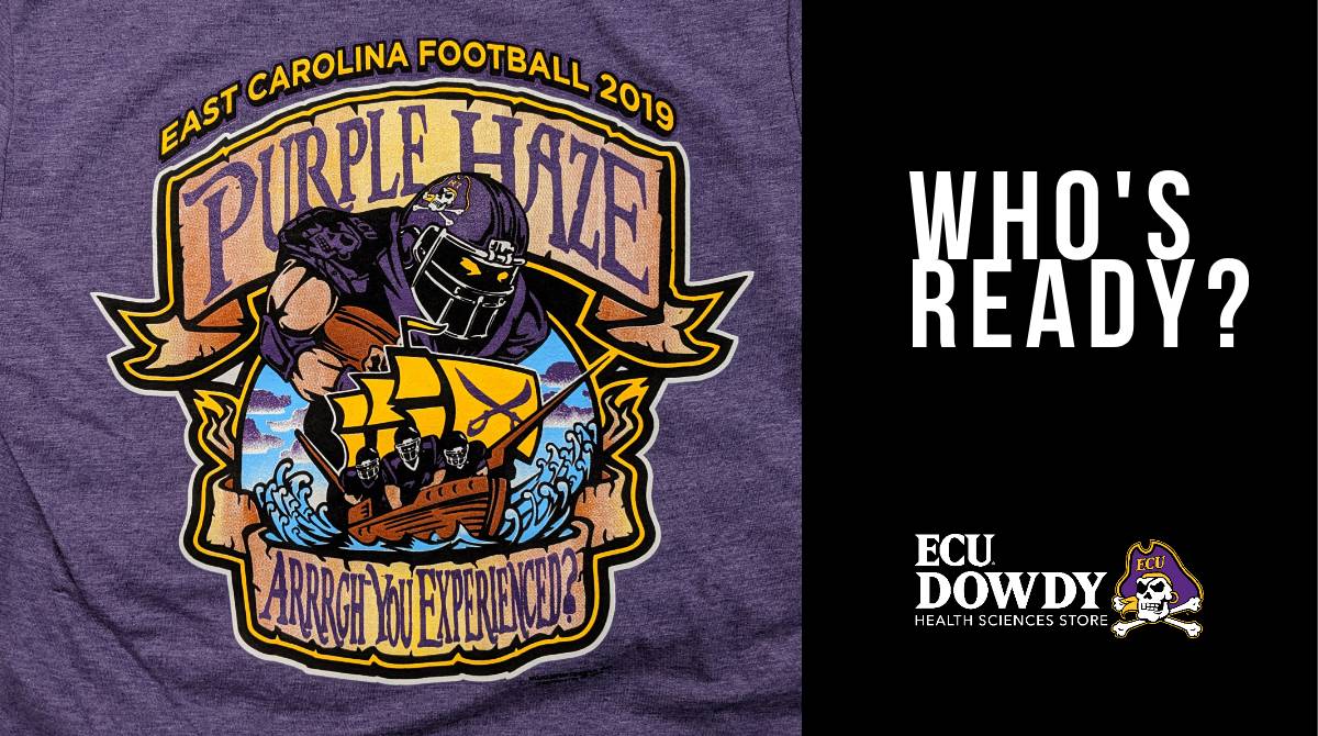 ECUDowdy's tweet photo. Game day is less than 1week away! Who's ready?? We've got your new "heathered" Purple Haze shirt, exclusively @ECUDowdy in Main Campus St Cntr! Tailgating accessories too! Open Sun. 8/25 11am-3pm. #ECU #PirateNation @ECUPiratesFB #ECUSPC #gopirates https://t.co/AnOzT3sJ8c