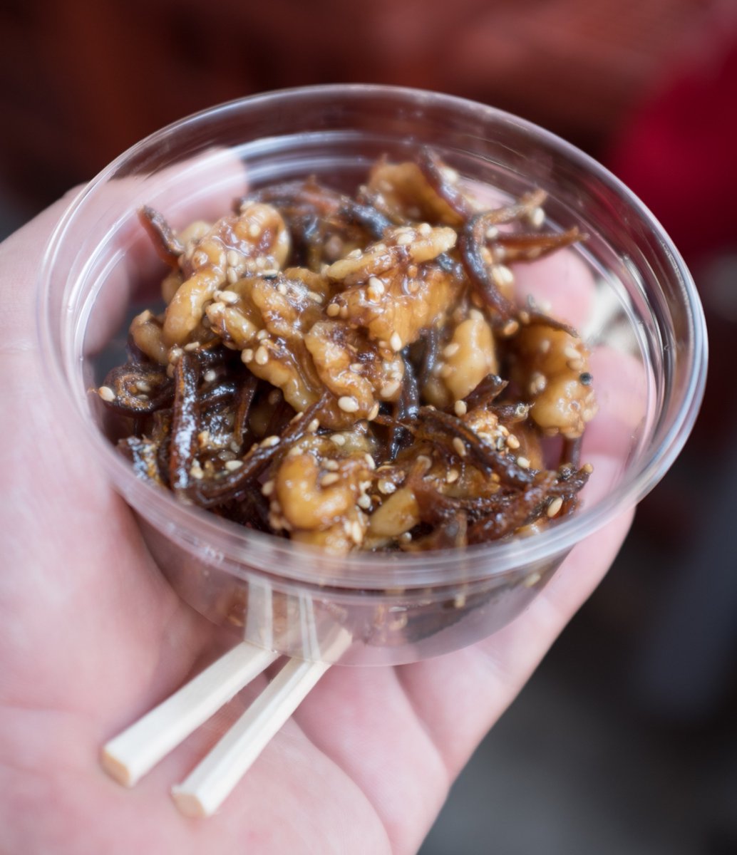 One of the most addictive and delicious bites we had in Tokyo; caramelized walnuts and dried fish.  Traditionally used as a garnish for rice, but absolutely delicious right out of the cup.  #japanfoodie #nomnom #cheftravel #culinaryinspiration #japan #tokyo #marketfinds