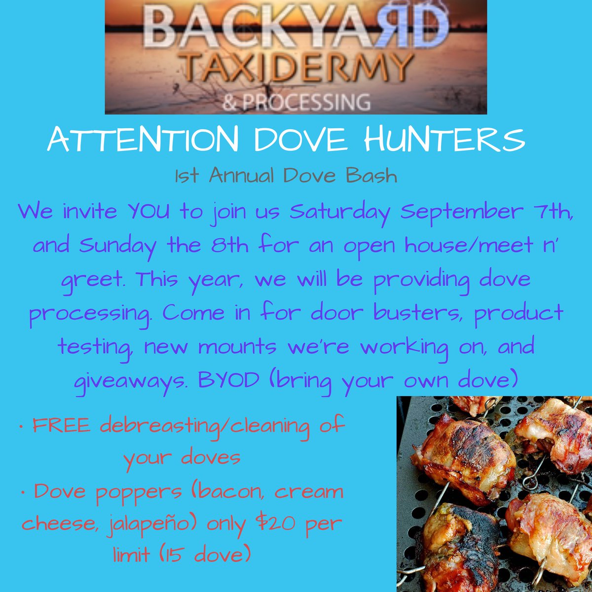 BACKYARDTax's tweet photo. Attention dove hunters!! #backyardtax #doveseason #dovebash https://t.co/ZPRiUWTihK