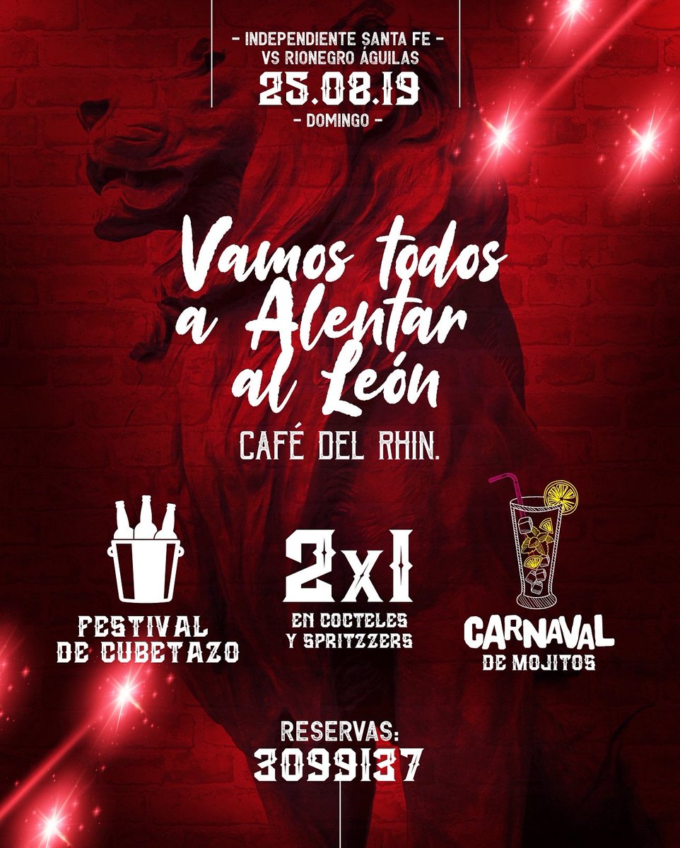 CafeDelRhin's tweet photo. te esperamos en @cafedelrhin para disfrutar juntos el juego Rionegro Águilas vs @SantaFe Disfruta de nuestros #cubetazos #spritzers y #mojitos vamos Santa Fe! https://t.co/m2kwkzwnGc