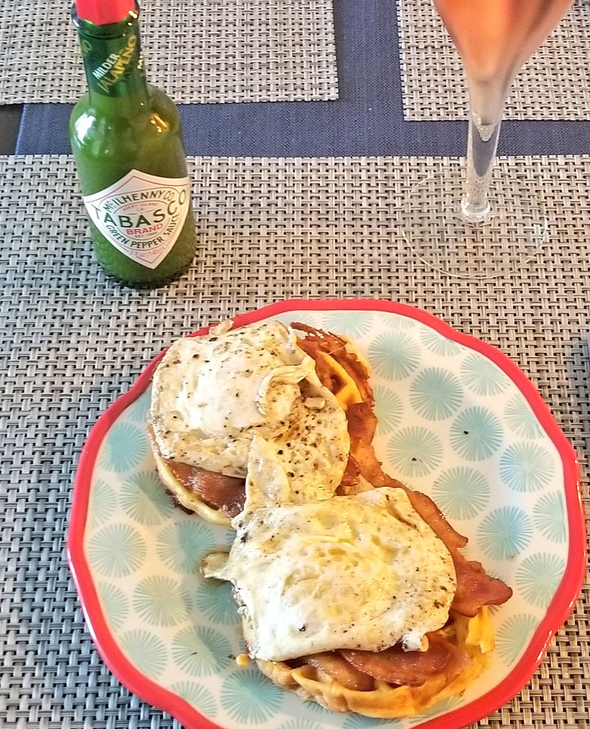 RobbieTheGeek's tweet photo. This morning we made #chaffle for the first time!  Amy had grilled cheese with bacon and I had open faced egg and bacon sandwiches. #keto #glutenfree #homechef #geekchef https://t.co/R78fRVent7