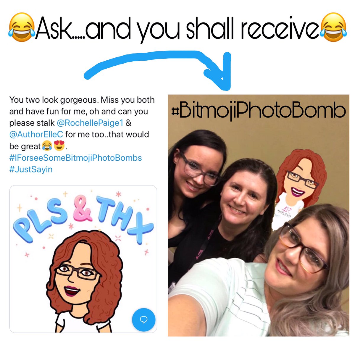 booksnobsue's tweet photo. ๐Ask..and you shall receive๐
#BitmojiPhotoBomb #LookTheyEvenLeftRoomForMe #OrItWasJustGreatLuck #ICantEven #ItsLikeIWasThere #IEvenWoreAnAlexaRileyTShirt #TheyGetMyHumor #TheyLikeMyKindaStalking #MyAddictionIsReal #AlexaRileyStrong @_AlexaRiley @smut_sasshole @RochellePaige1 https://t.co/lcWM8zNOFT