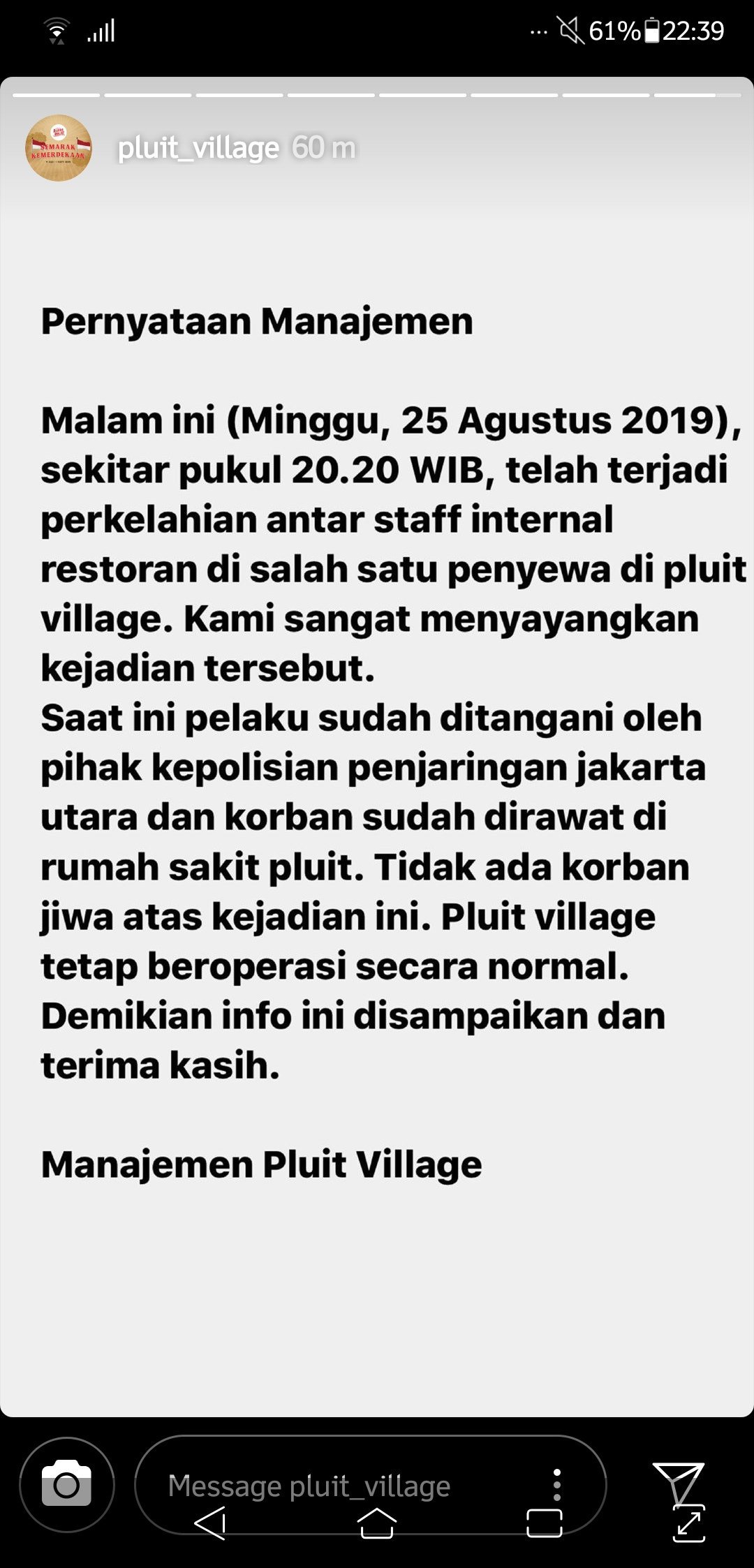 Pernyataan manajemen mal Pluit Village atas insiden penusukan karyawan restoran kepada manajer, Minggu (25/8/2019) malam.
