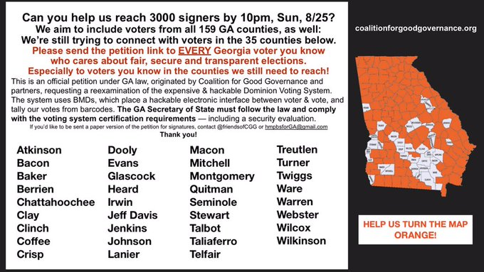 AileenSN's tweet photo. LAST PUSH, GEORGIA!
Addt'l Petition Signatures to SOS for REEXAMINATION & DECERTIFICATION of NEW VOTING MACHINES to be submitted MON. 8/26 morning- DEADLINE IS 10pm TONIGHT (8/25)!
At 2200 signers from 125 counties - please get GA VOTERS to SIGN & SHARE!
https://t.co/uUMUAafAqc https://t.co/ybDfukl62p