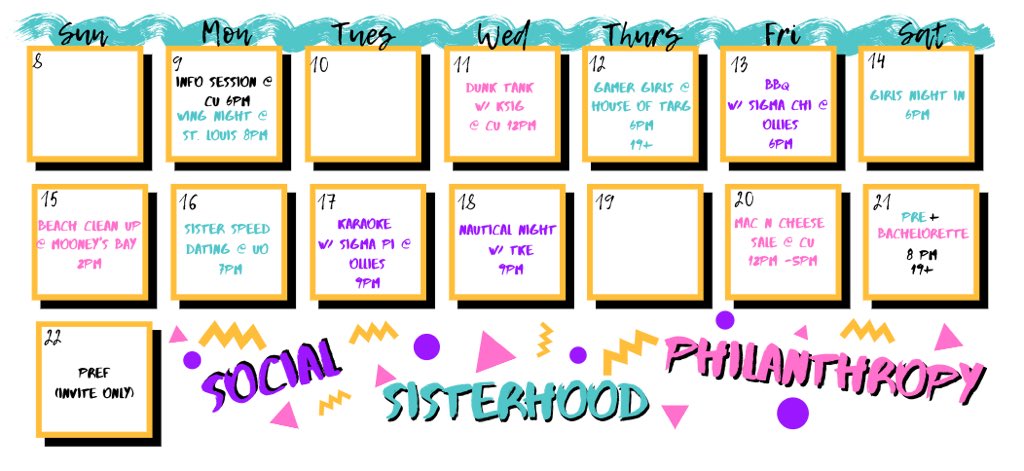 Here’s our fall rush calendar! Message us on any social media or any sister to be added to our rush group! We can’t wait to meet you! 💓