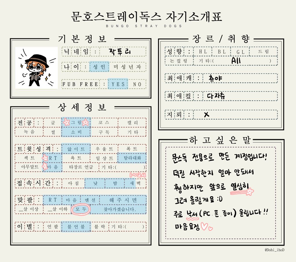 tuturi_'s tweet photo. #문스독_트친소

@BSD_MR_bot 

문스독 전용으로 만든 계정입니다!
얼마전에 입덕하여 트위터가 허전하지만 앞으로 열심히 채워나가겠습니다 :D
완성 그림보다는 낙서가 더 많이 올라옵니다!
최애는 츄야지만 되도록 골고루 그리려고 해요(다자이, 아츠시, 아쿠, 란포 등)
같이 덕질할 트친 구해요! https://t.co/0gZo2b4Xx7