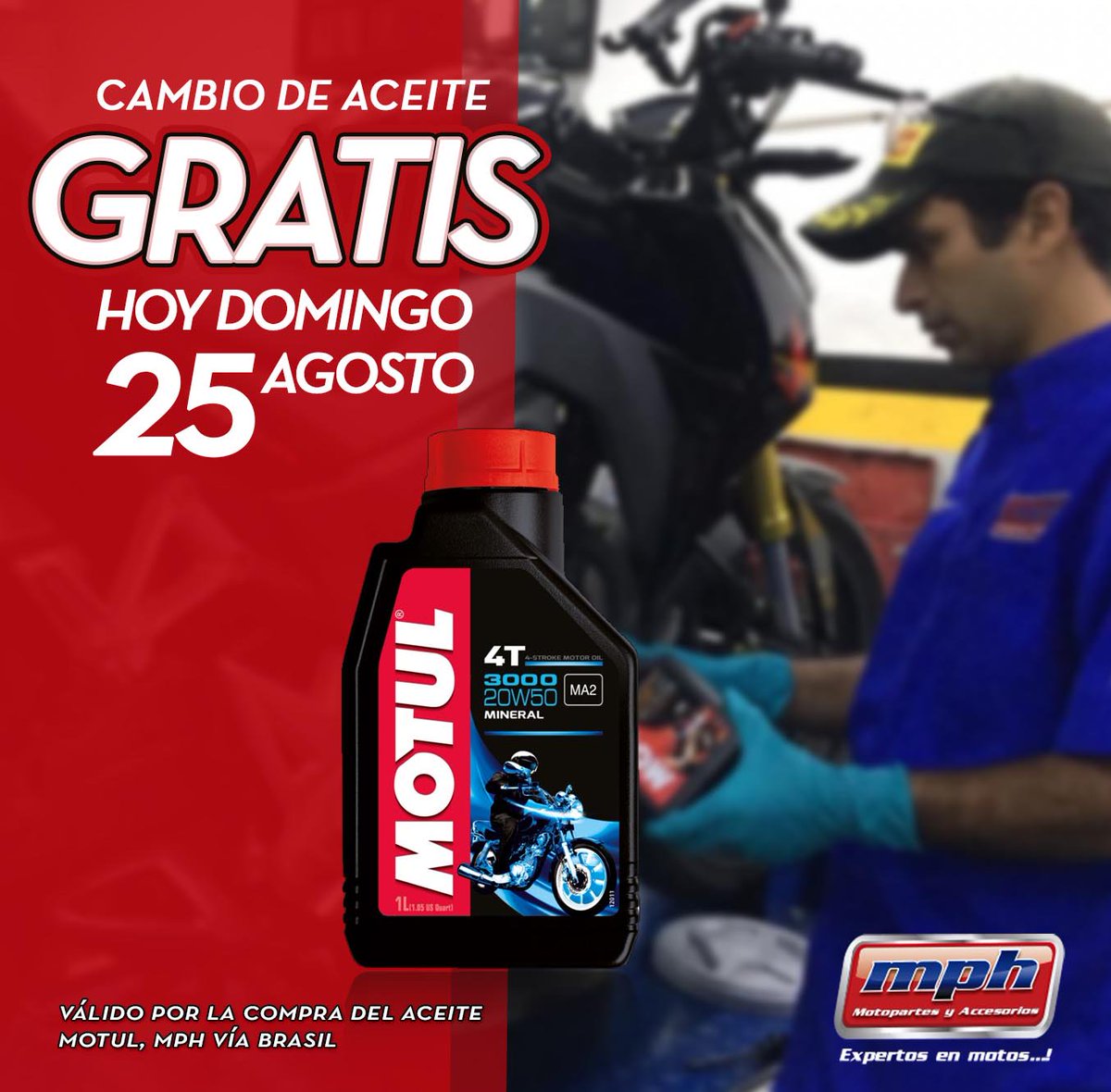 MPH_Motopartes's tweet photo. HOY Domingo es GRATIS!
Hoy el cambio de aceite es gratis en #MphVíaBrasil
*Válido por la compra del aceite MOTUL
*Domingo 25 de agosto
*En MPH Vía Brasil de 11:00 a 5:00
#TallerMPH #Tallerdemotos #ServicioTecnico #Motul #AceiteMoto #MotosPanama #AccesoriosMotos https://t.co/8ClDdGyDiO