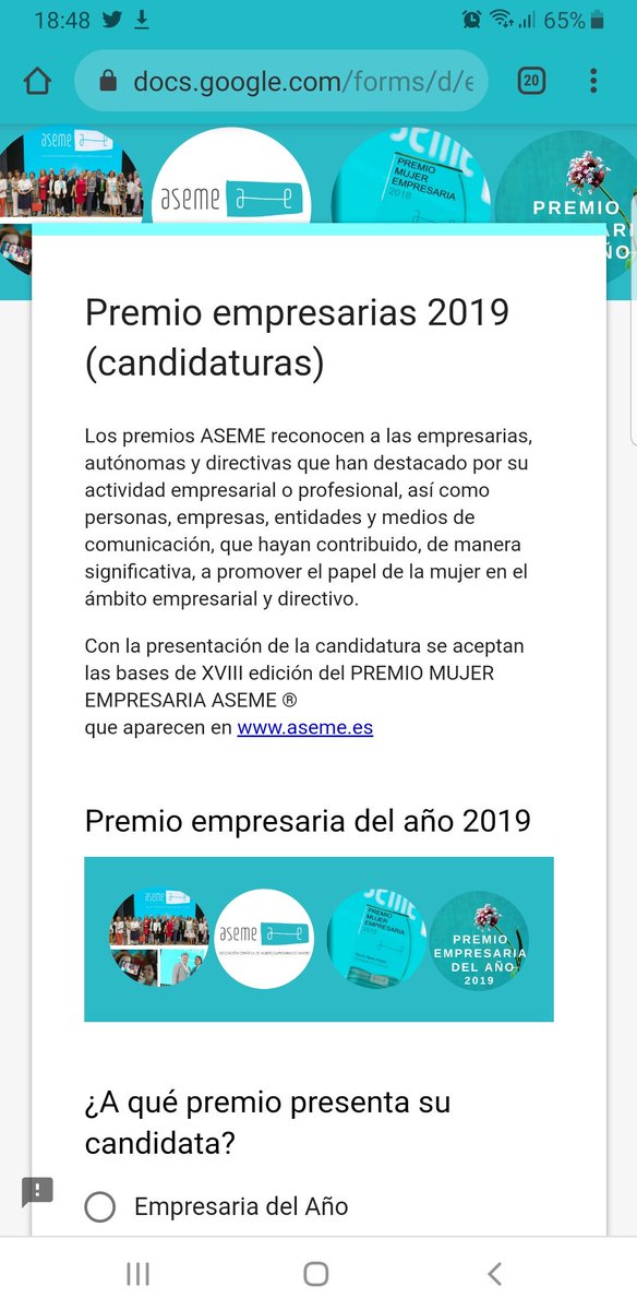 🤔🤔¿Has presentado ya tu candidatura -o la de esa empresaria, autónoma o directiva que conoces- a los #PremiosASEME2019??

👉👉Es muy fácil. En el enlace aseme.es/premio-empresa…  verás las categorías. Sólo tienes que rellenar el formulario.
👇👇👇👇👇👇👇#SoyASEME