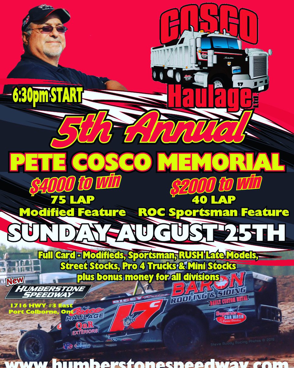 🏁Pete Cosco Memorial tonight🏁 Modifieds Big Block vs Small Block 75 laps.                                                     Gates open @ 4Racing starts @ 6:30