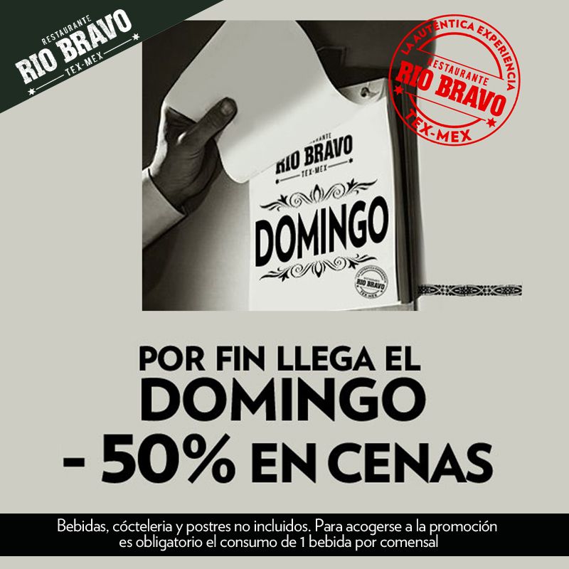 ¡Oye! Que los domingos siguen siendo #DomingosAl50 ¡No lo olvides! 😉
---
Descuento directo 50% en tu cena
📱 Mostrando esta 📷 al camarero
📝 Consulta resto de condiciones