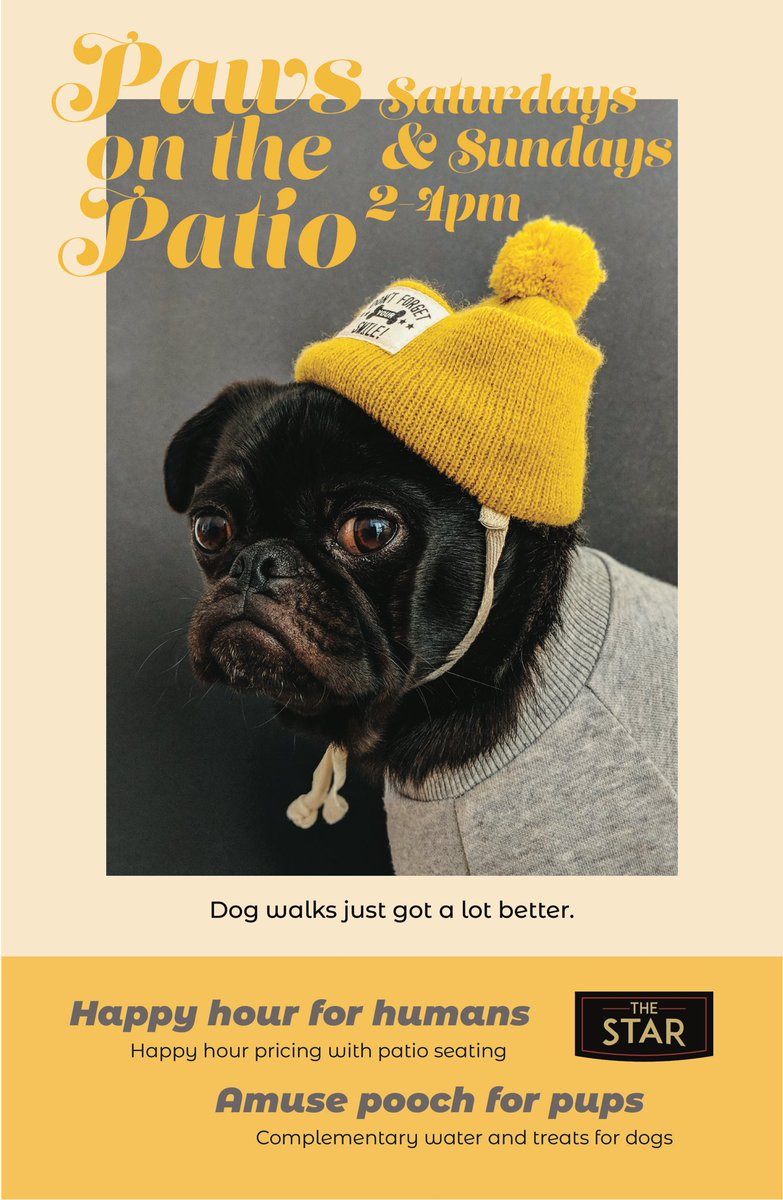 Today, and every Saturday and Sunday from 2-4pm, join us for ‘Paws on the Patio’ only at The Star on Park! Get Happy Hour specials with patio seating for humans, and an ‘amuse pooch’ for pups — yummy treats and water. Make friends with your favorite four-legged one by your side!