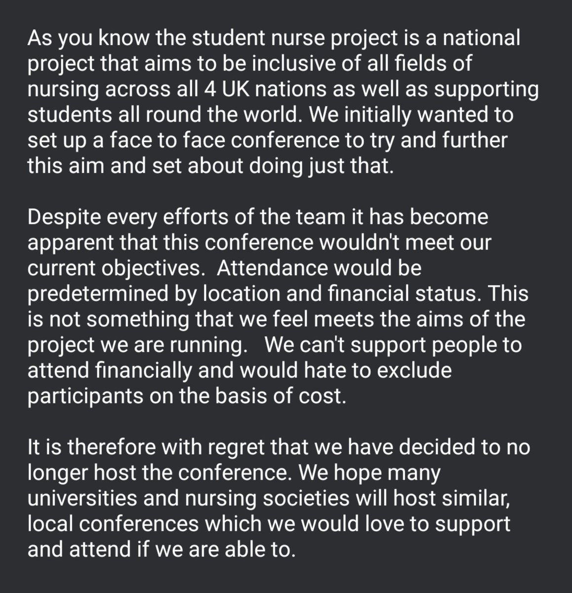 Conference Update - It's come to our attention a very similar event is being held by <a href="/BangorUni/">Bangor University</a> nursing soc &amp; we don't want to compete for audience - please do attend theirs &amp; read below about the StNP event - we'd love to do one but need to make it accessible for all #StNProject