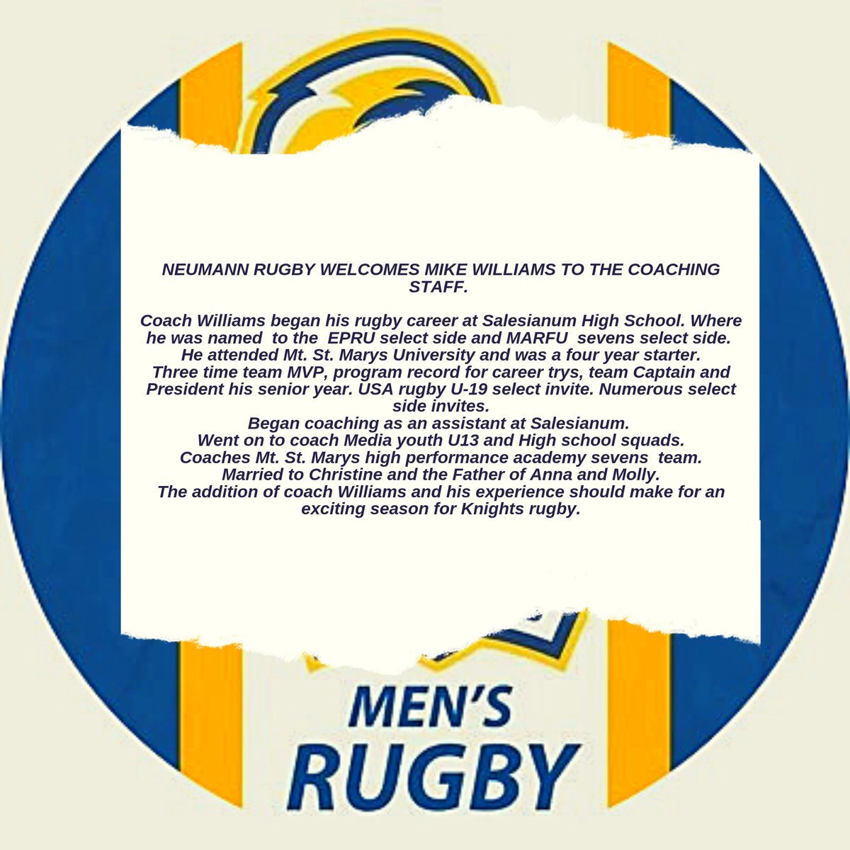 NeumannMRFC's tweet image. Neumann University rugby welcomes Mike Williams to the coaching staff