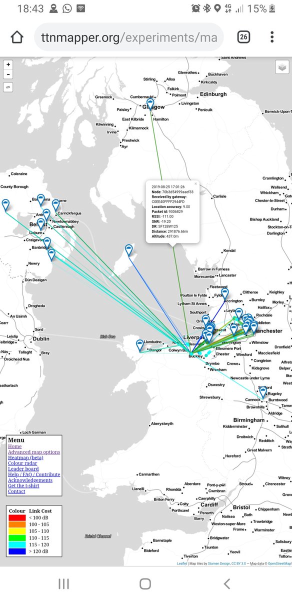 JohnCassidyGB's tweet photo. A new personal record in terms of GWs hit. 34 In total from a single location (5 metres).
Longest path was 291km.
Hit all UK countries and the IoM. All bodes well for Marconi Mesh attempt.
Node was @pycomIOT FiPy with various antennae. Max TX was 14dB.
#loramesh https://t.co/cOGYk2ZwjO