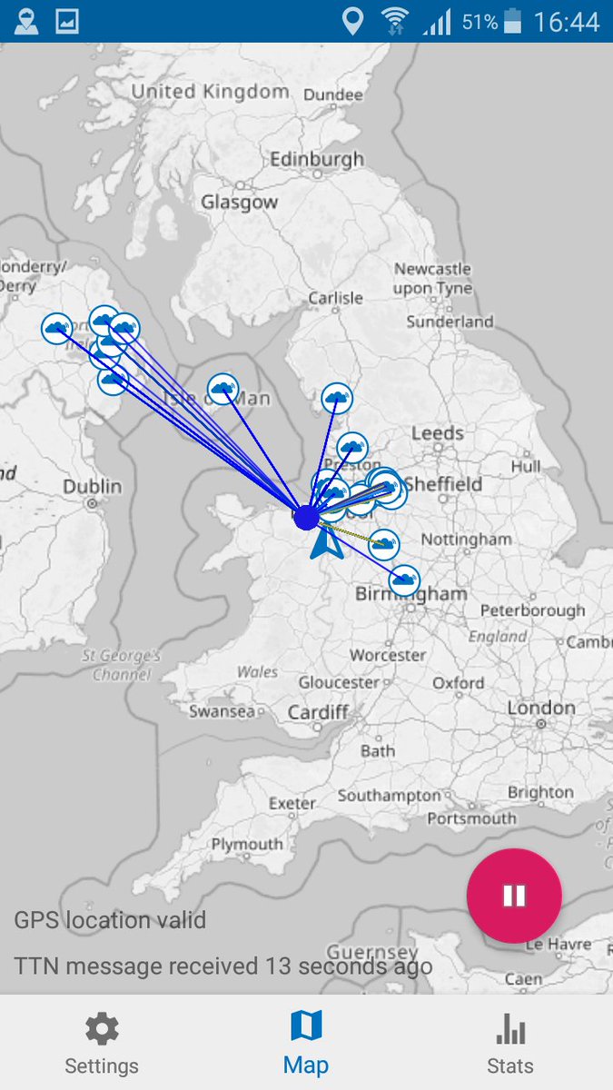JohnCassidyGB's tweet photo. A new personal record in terms of GWs hit. 34 In total from a single location (5 metres).
Longest path was 291km.
Hit all UK countries and the IoM. All bodes well for Marconi Mesh attempt.
Node was @pycomIOT FiPy with various antennae. Max TX was 14dB.
#loramesh https://t.co/cOGYk2ZwjO