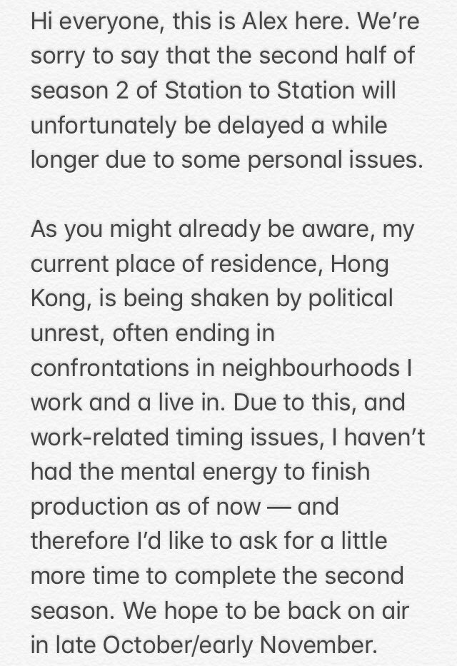 Hi everyone. Unfortunately, the next episodes of Station to Station are going to be pushed back a while. More explanation below. We hope to be back in your ears soon. 💙