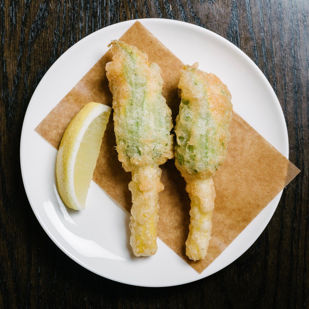Fior di Zucca | Lemon ricotta stuffed zucchini flowers. Available for a limited time only on our dinner menu at Buca on King.