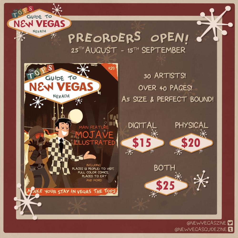 newvegaszine's tweet photo. The Tops Guide to New Vegas is now available to preorder! This is a for-charity Fallout: New Vegas fanzine with proceeds going to @aktcharity!
Preorder here: https://t.co/OcbHFaFBbQ https://t.co/9Es97W6EL3