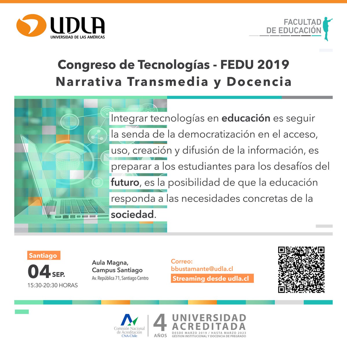 TICFID_UDLA's tweet photo. Invitamos al Congreso de Tecnologías 2019: Narrativa Transmedia y Docencia @UDLA_CL
📌4 de septiembre
📌Aula Magna UDLA, Santiago Centro, República 71
📌Desde las 15:30 a 20:30 hrs.
📧 Invitado: Sergio Cabezas @Sergiotics
📣Pronto detalle del programa📣
#Pedagogía #TicFID https://t.co/7DJQikpZAv