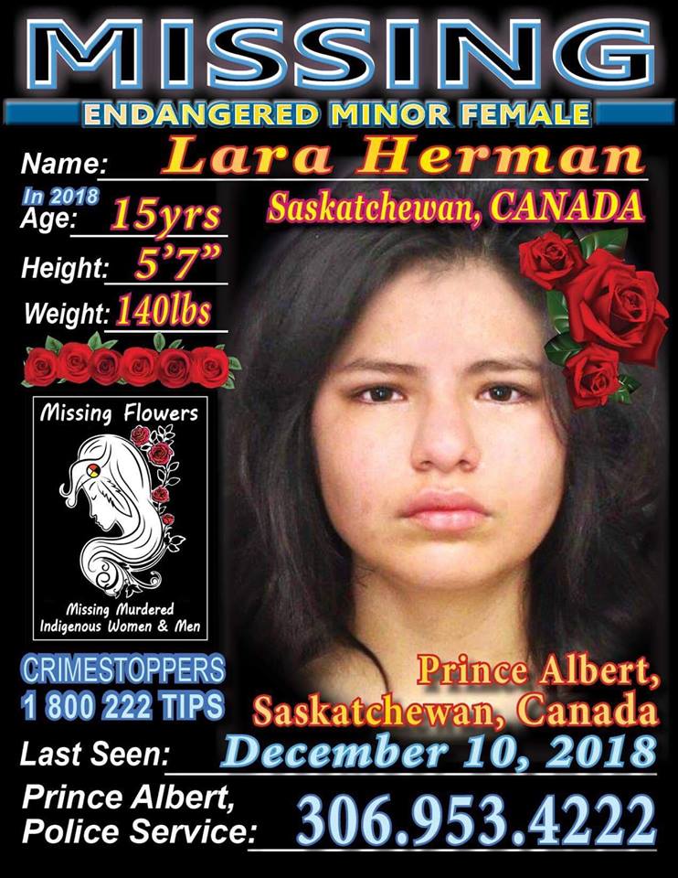 MissingFlowers_'s tweet photo. Where is Lara Herman?
#MissingFromCanada
#CanadianMissing #EndangeredJuvenile
#saskatchewan #Canada 
 #MissingFlowersMMIP
 #MMIWG
 #MMIW #MMIP
#NativeTwitter 
#BringOurRelativesHome 
#SilentNoMore https://t.co/EWfI2QzAzO