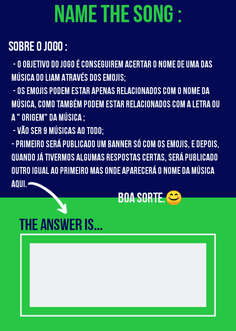 LiamUpdatesPT's tweet photo. ✨Vamos lá a um jogo? Chama-se "Name the Song" onde terão de adivinhar o nome da musica do Liam, através de Emojis !👀 Prontos?
Let's play a game? The game is called "Name the song", where you have to Guess the Name of Liam's songs through emojis.Ready?
#FirstTimeStreamingParty https://t.co/GFDtHsqEpC