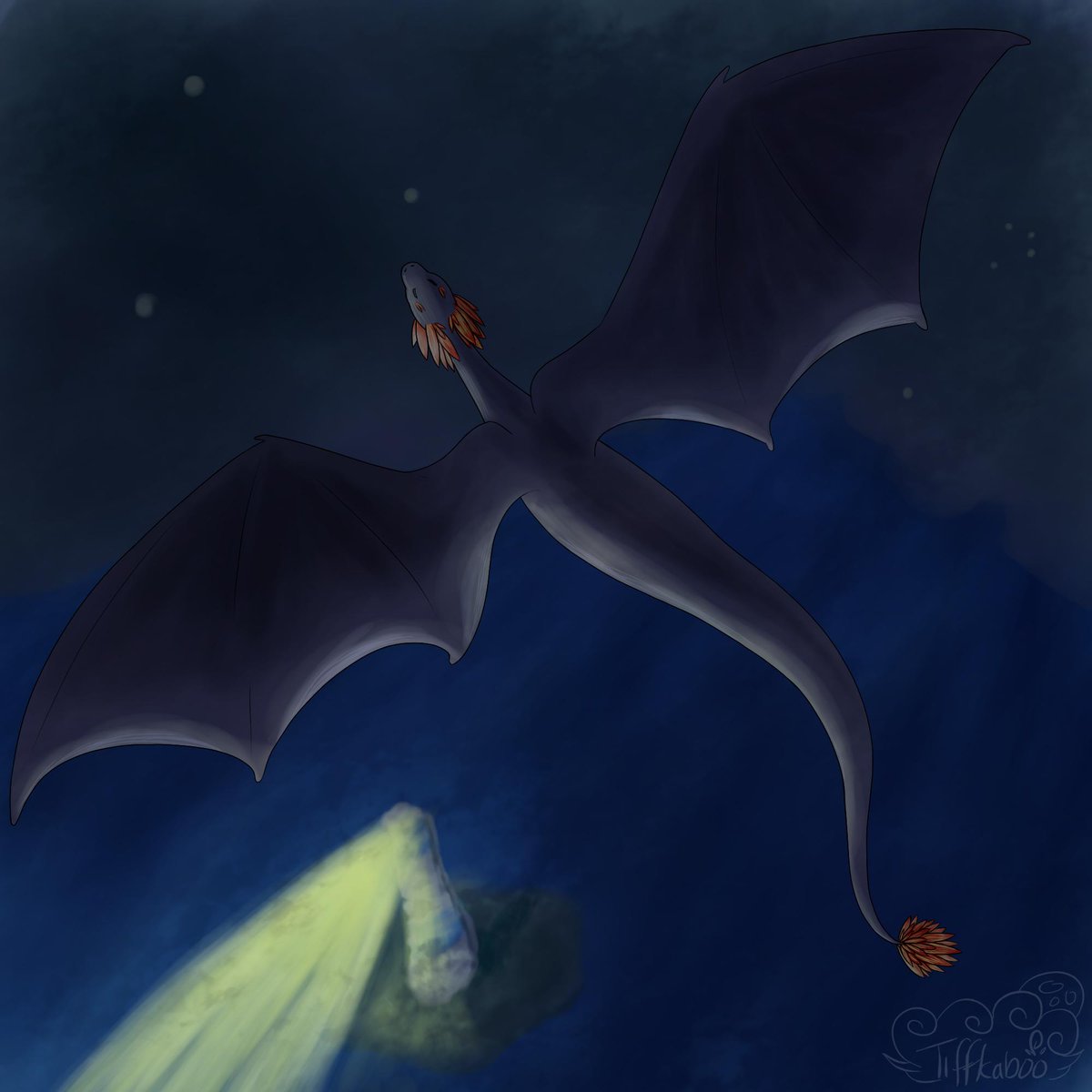 A feathered Dragon flying over a lighthouse on a stormy night. 🌩️

#art #digitalart #dragon #feathereddragon #painting