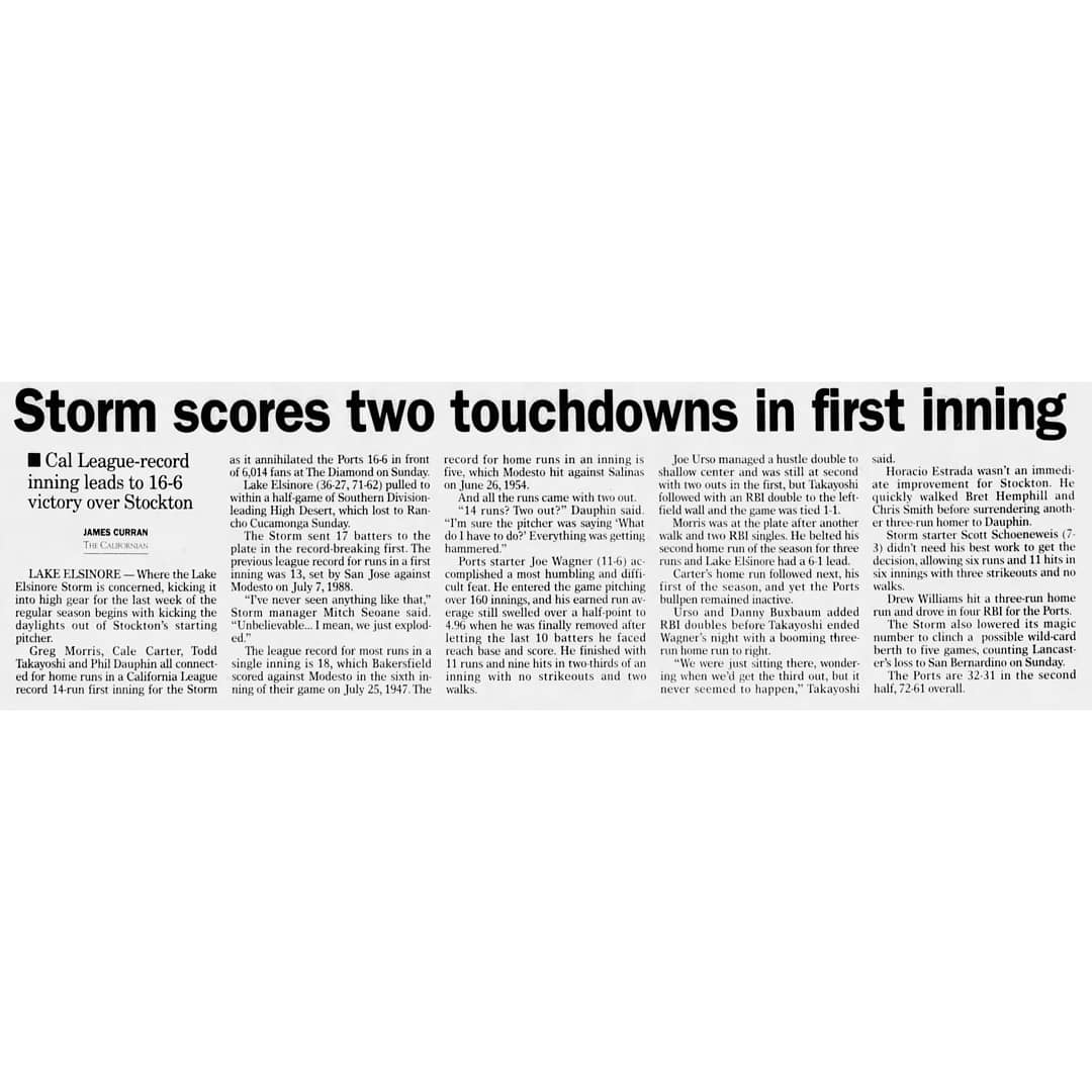 CL_History's tweet photo. #OTD | on August 25, 1996 @Storm_Baseball set a @CalLeague1 Record for runs in the first inning when they put up 14 runs to start the game! They would go on to beat the @stocktonports 16 to 6 #CalLeagueHistory #MiLB #LakeElsinore #LakeElsinoreStorm #minorleaguebaseball https://t.co/PmmpFb4TEn