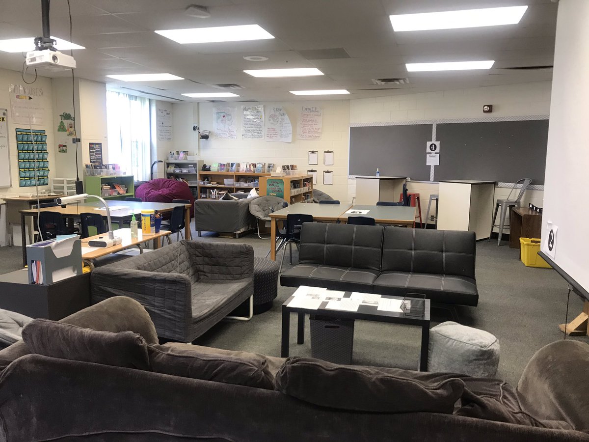 mrsgatesSMS's tweet photo. It’s not perfect, but I’m happy to have different zones where students can stand, sit and read in comfort, and also use more traditional tables if desired. #sasLearningSpaces now I just need a professional decorator and a librarian to help! https://t.co/CY3MNGmbJB