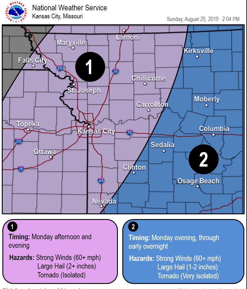 NWSKansasCity's tweet photo. Severe weather chances are increasing for Monday. There is still plenty of uncertainty regarding timing and spatial extent, so more information will be available along the way. 

In the meantime, start thinking about ways to receive weather warnings and actions you should take. https://t.co/6UyMCnRunt