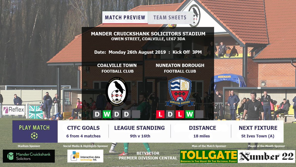 Entertain the family tomorrow for Bank Holiday Monday by joining <a href="/CoalvilleTownFC/">Coalville Town FC</a> as they entertain <a href="/NuneatonBoroFC/">Nuneaton Borough FC</a> at the <a href="/MC_Solicitors/">Mander Cruickshank</a> stadium, Owen St, Coalville. £10 adults, £7 concessions and £1 for under 16yrs. 3PM kick off.