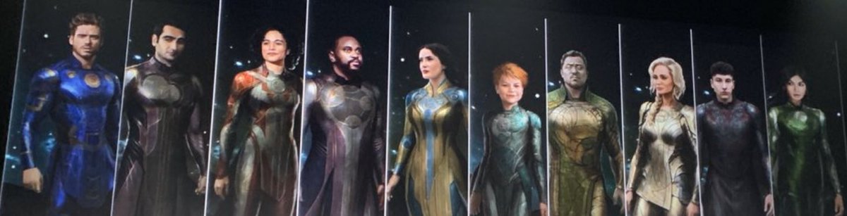 The Eternals from left to right:- Ikaris- Kingo- Makkari- Phastos- Ajak- Sprite- Gilgamesh- Thena- Druig- Sersi