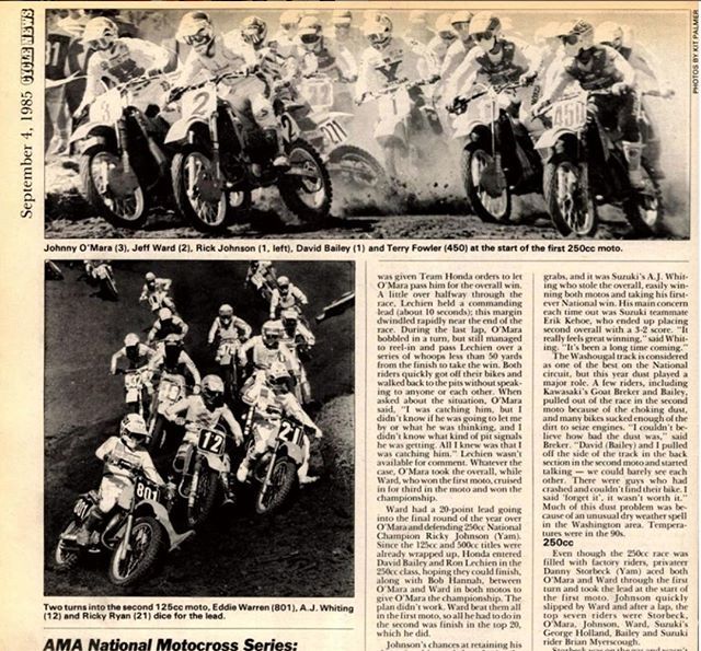 Today in Motocross 8/25/85 - AJ Whiting, Jeff Ward and Eric Eaton all took class wins at Washougal. See all the results and race coverage in this edition of Cycle News - ift.tt/2BNUnRT #LegendsandHeroes (Image courtesy Cycle News Archives @cycl… ift.tt/2Nydvar