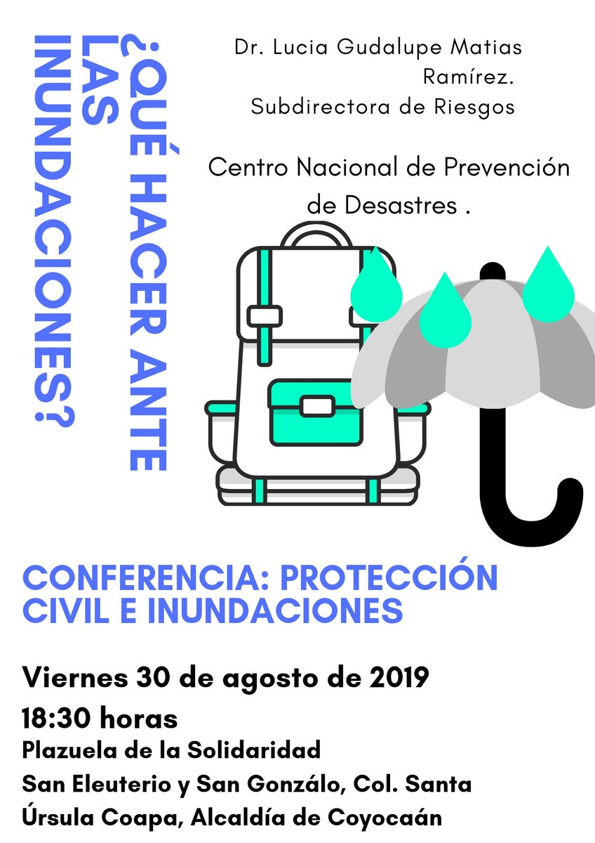 El próximo viernes a las 18:30 horas expertos del <a href="/CENAPREDMX/">CENAPREDMX</a> CENAPRED nos acompañaránpara darnos una plática sobre inundaciones y protección civil.  Lxs esperamos en la Plazuela de la Solidaridad, San Gonzálo y Nayaritas, en la Col. Santa Úrsula Coapa, Coyoacán.