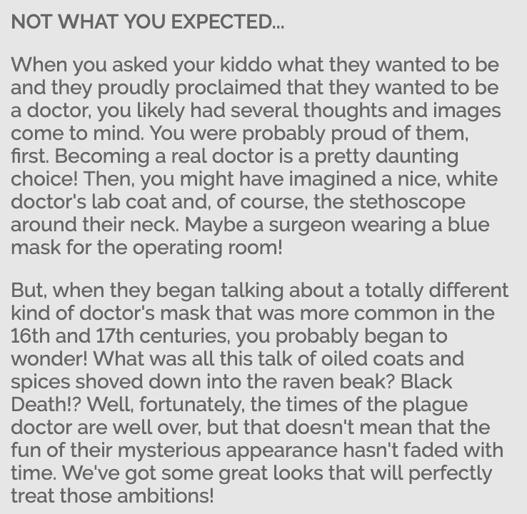 aldenderck's tweet photo. Whoever tried to put a "positive spin" on the "Plague Doctor Halloween Costume for Kids" copy is reaching. https://t.co/6kXCqrZPpg