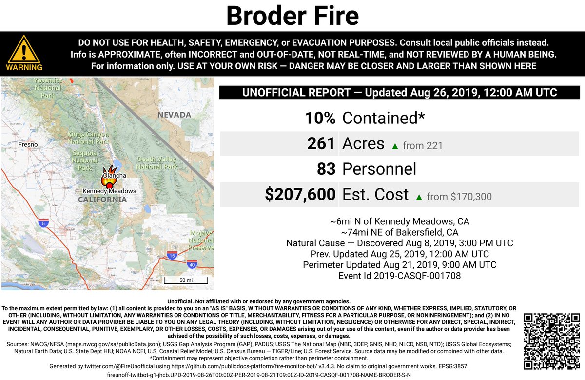 CaliFireBot's tweet photo. #BroderFire 🔥 unofficial, automated update.
@SequoiaForest; ~6mi N of Kennedy Meadows, CA. ⚠️ DO NOT USE FOR SAFETY PURPOSES - See officials instead. May be incorrect; disclaimers in images. https://t.co/uYrpxORmug