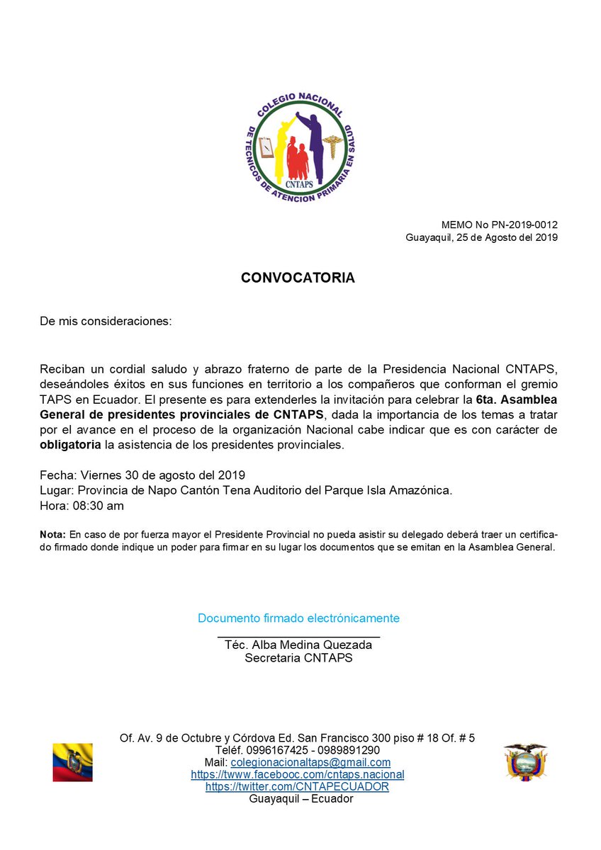 CNTAPSECUADOR's tweet photo. Convocatoria a 6ta. Asamblea Nacional de Presidentes provinciales de #TAPS #CNTAPS en Provincia de Napo.

@CNTAPSECUADOR @CataAndramuno @Salud_Ec https://t.co/gBggJgvTuP