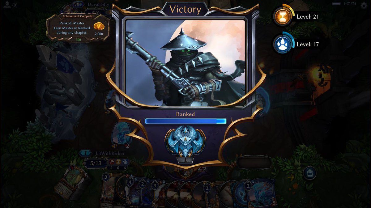 I had never had the motivation to try to get anywhere higher than Gold III in <a href="/EternalCardGame/">Eternal Card Game</a> before seeing <a href="/camat0_/">camat0</a> stream the filthy fun that is Whispering Diogo combo. Thanks to him for the deck that got me all the way from Silver to Masters for the first time. 🙏