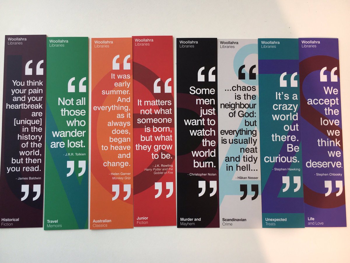SarahJMorley's tweet image. Loving these these bookmarks from #WoollahraLibrary @woollahramc fantastic quotes AND recommended authors!