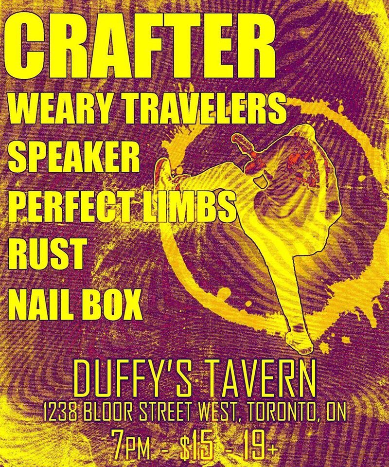 Thursday August 29th in Toronto w/ <a href="/craftermahc/">CRAFTER</a> / <a href="/PerfectLimbs/">Perfect Limbs</a> <a href="/speakercrew/">SPEAKER</a> #nailbox and #wearytravelers COME HANG OUT!!