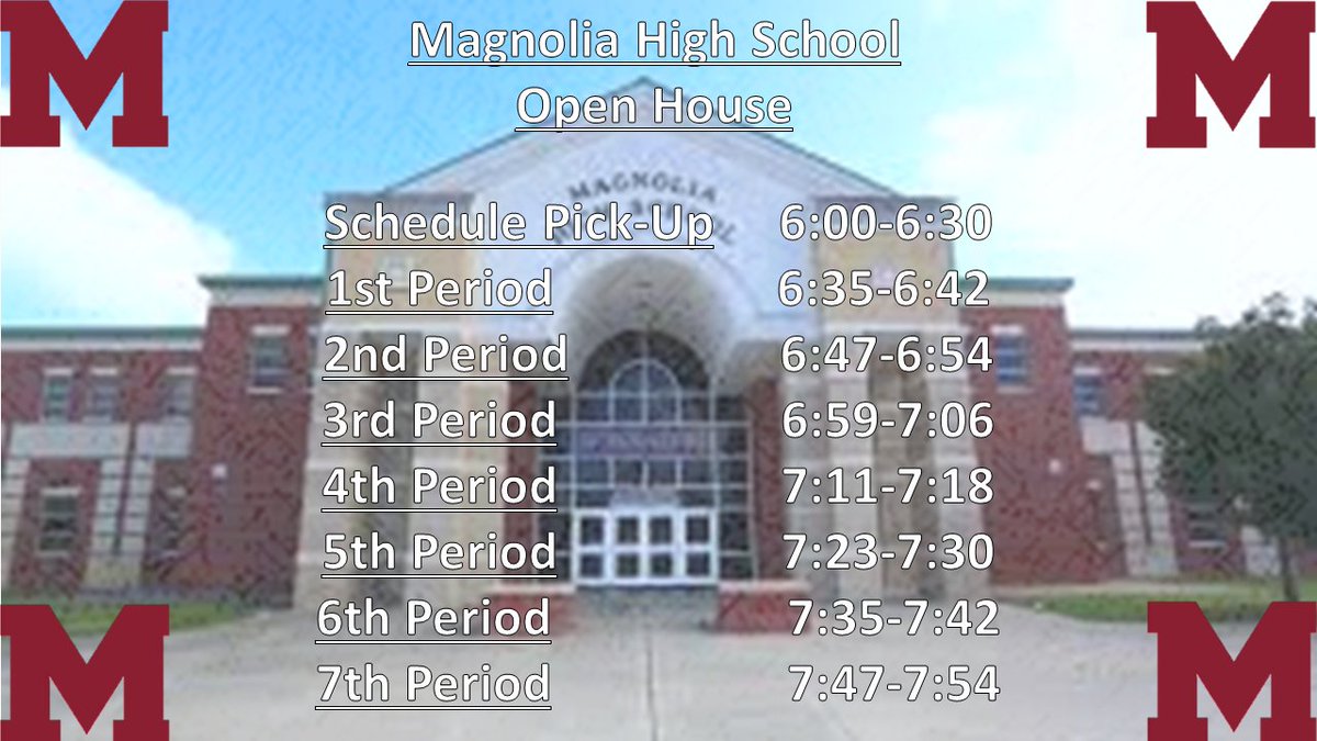 MagnoliaHighTX's tweet photo. Don't forget to join us tomorrow night for Magnolia High School Open House. Come meet your students' teachers and find out why we are the best HS in the state. #ALLINMHS #LoveServeCare https://t.co/BdGr5kjKvs
