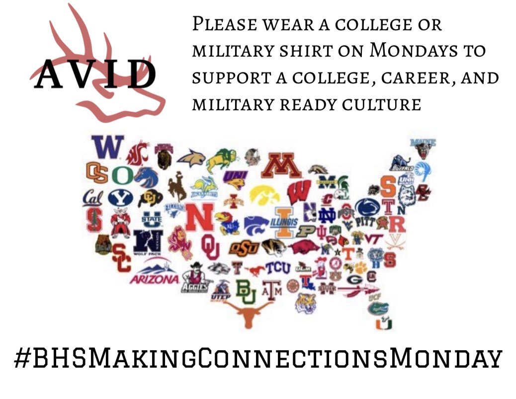 Hey, BHS wear a college or military t-shirt tomorrow!
<a href="/burlesonhselks/">Burleson Elks</a> <a href="/BHSElks/">Burleson High School</a> <a href="/burlesonband/">Burleson HS Band Boosters</a> <a href="/bhs_stadium/">Elk Stadium</a> <a href="/LadyElk_Vball/">Burleson High School Volleyball🏐</a> @LadyElk_BBall @BHS_ElkFootball <a href="/bhsElkSeniors/">BHS Seniors</a> <a href="/ElkPrincipal/">Mr. Leek</a> <a href="/SiffordAngelia/">Angelia Sifford</a> <a href="/BHSSection20/">BHS Football Student Section c/o 2020</a> <a href="/BHS_MsKnight/">Julie Knight</a> <a href="/BHS_CO18/">BHS StuCo</a> #BHSMakingConnections