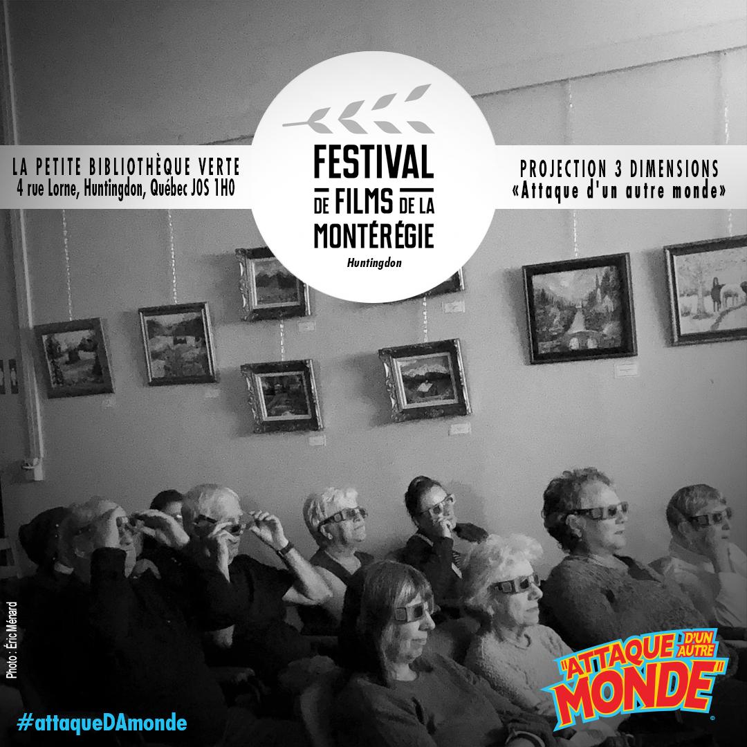 attackFAworld's tweet photo. ⚜ #QUÉBEC - 📷#Huntingdon
3D projection of the @attackFAworld film. 
🍿Cinema among 📚 books and 🎨 works of painters at  Festival de Films de la Montérégie in The Little Green Library!

#attackFAworld #Cinema3D #Cinema #bmovie #shortfilm #ufo #alien #film https://t.co/XFhOeFQOkN